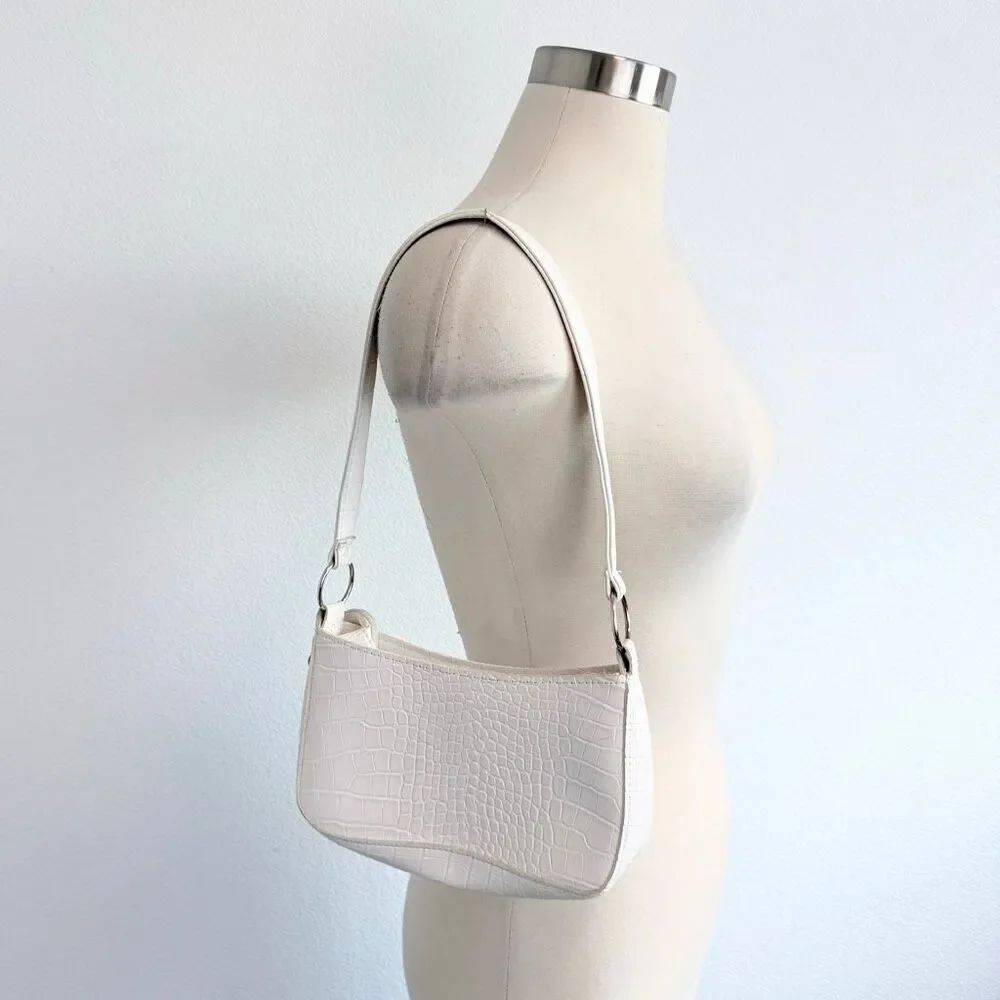 White Alligator Faux Baguette Satchel Bag Shoulder Purse Small